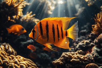 Striking orange fish swims gracefully through vibrant coral reef in clear ocean waters during daylight hours