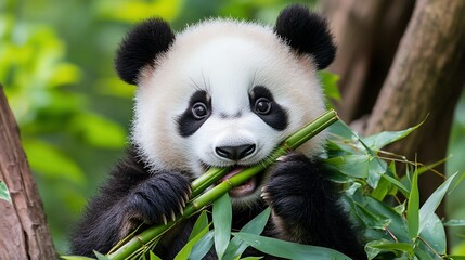 Fototapeta premium Adorable Panda Cub Eating Bamboo Wildlife Nature