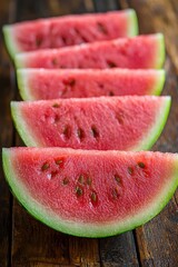 Fresh watermelon slices arranged neatly on a wooden table ready for summer enjoyment during a warm, sunny afternoon