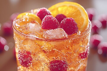 Refreshing summer drink with raspberries and orange slices served in a clear glass