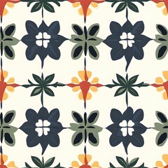 Vibrant botanical pattern displaying stylized leaves and branches in pink, yellow, and blue hues, generating playful visual rhythm on soft background