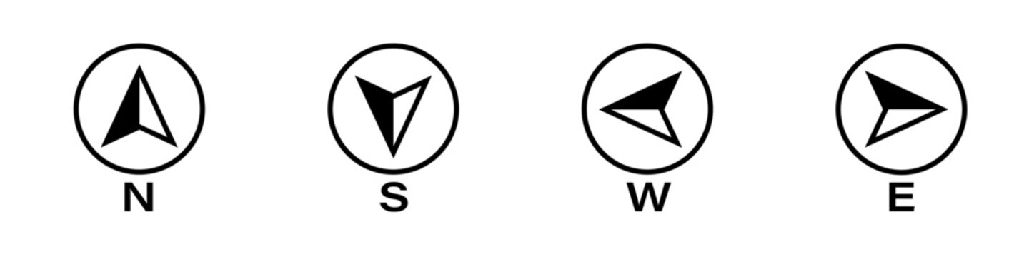 Compass direction north, south, east and west. Set of compass arrows icons.  Vector illustration.