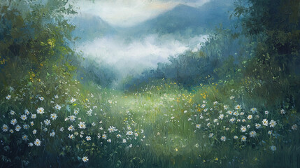 Fototapeta premium Lush Green Field with White Flowers and Blue Sky