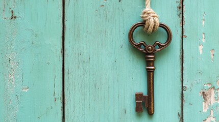 Antique key hanging on a rope against teal wooden wall. Possible use Inspirational image for home decor or interior design