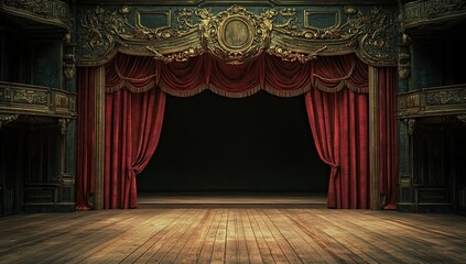 Ornate theatre stage with red velvet curtain
