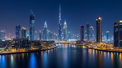 Obraz premium Dubai Marina Skyline at Night: A Breathtaking Panorama of Modern Architecture
