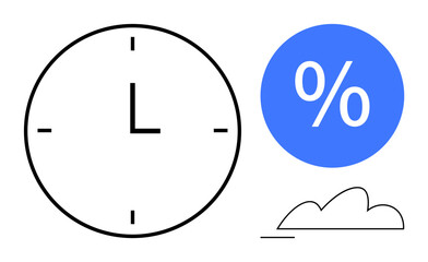 Clock symbolizing time, blue percentage icon, and minimal cloud design. Ideal for productivity, efficiency, planning, time tracking, financial analysis goal setting modern concepts. Flat simple