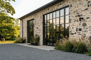 A stunning stone structure boasts expansive windows and is enveloped by vibrant greenery, bathed in the warm glow of the golden hour