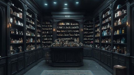 Obraz premium Dark Room Filled with Antique Bottles and Jars on Shelves
