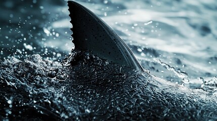 Fototapeta premium A black and white image of a shark's fin swimming in the water with a splash of water around it