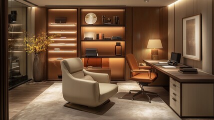 Fototapeta premium Stylish Modern Office Interior with Sleek Furniture and Warm Lighting