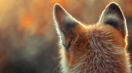 Naklejka premium The back end of a fox's head is visible in a photograph, with a blurry background of grass and trees surrounding it