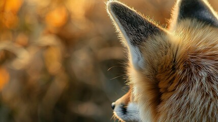   A close-up of a fox's head with a blurry background of trees in the foreground