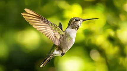   Hummingbird wings blur as trees whirl in background