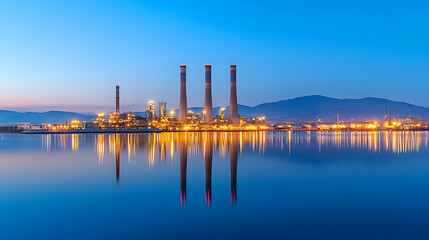 Naklejka premium Illuminated Industrial Complex Reflecting In Calm Blue Water Under Twilight Sky