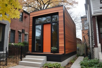 A contemporary wooden building featuring a striking orange door and expansive windows, nestled in a bustling urban neighborhood adorned with autumn foliage