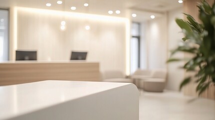 Fototapeta premium Blurred Chic Office Reception with Modern Design and Soft Colors