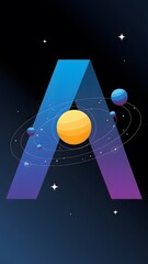 Colorful cosmic design featuring the letter A with planets and stars in a galaxy setting vertical