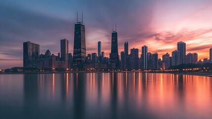 Fototapeta premium Chicago Skyline at Sunset: A Breathtaking Panorama