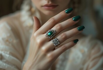 "An elegant shot focusing on a model’s hand with fingers extended, showcasing a statement ring with an ornate design.