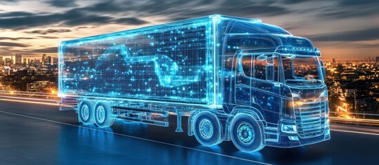A futuristic blue digital semi truck is traveling on a road