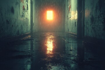 Dimly lit corridor with rain-soaked floor reflecting light in an abandoned building during a gloomy day