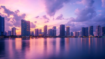 Fototapeta premium Miami Skyline Sunset: Breathtaking Cityscape at Dusk