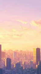 Fototapeta premium A beautiful stylized cityscape under a colorful pastel sunset sky