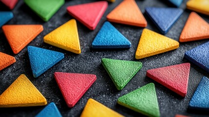 Colorful triangular shapes spread on textured dark surface with varying colors