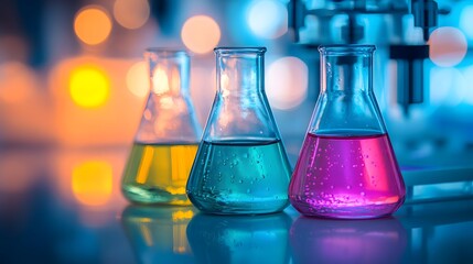 Close-up of glass beakers filled with colorful chemical solutions on a modern lab table, with a blurred background of laboratory equipment. The bright lighting creates vibrant reflections on the glass
