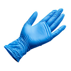 Hand wearing blue medical glove isolated on white background