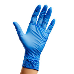 Hand wearing blue medical glove isolated on white background