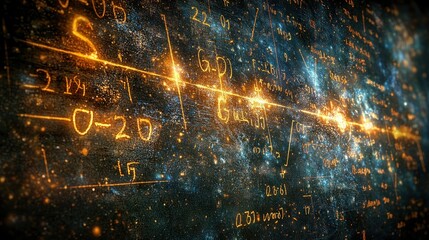 Complex math equations with glowing, abstract space-like background texture