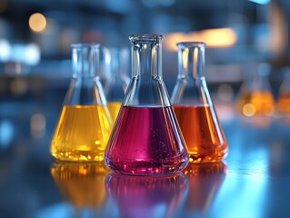 Close-up of glass beakers filled with colorful chemical solutions on a modern lab table, with a blurred background of laboratory equipment. The bright lighting creates vibrant reflections on the glass