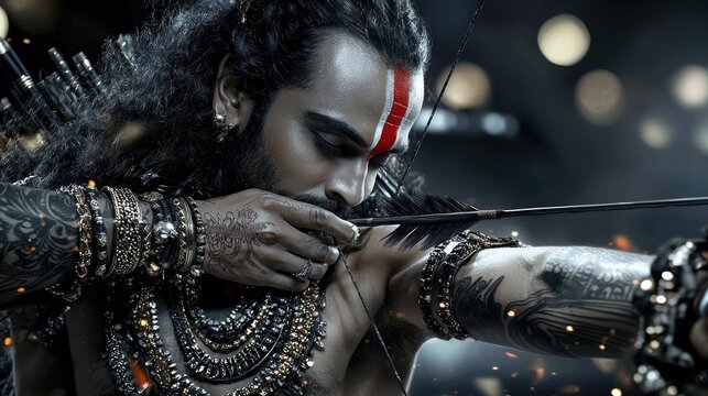 Rama Navami Celebration: honoring Lord Ram with bow and arrow, commemorating his divine birth, symbolizing strength, virtue, and the triumph of good, a significant Hindu festival of faith devotion.