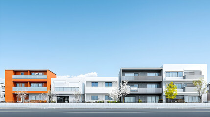 Row of Colorful Modern Residential Buildings With Blue Sky And Street in Daylight