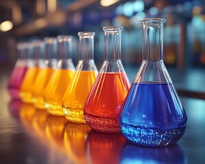 Close-up of glass beakers filled with colorful chemical solutions on a modern lab table, with a blurred background of laboratory equipment. The bright lighting creates vibrant reflections on the glass