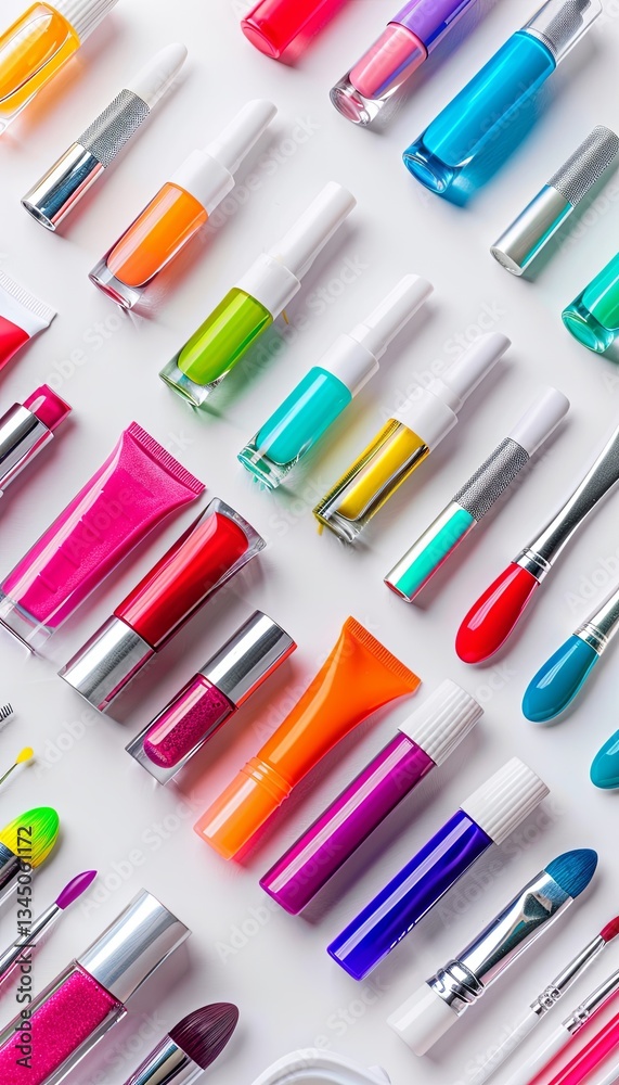 Poster vibrant collection of nail polishes and manicure tools arranged neatly on a light background for an 