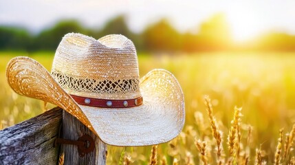 Cowboy hat rests on a weathered wooden fence, field in soft sunlight backdrop