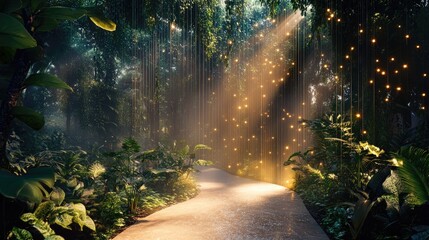 Fototapeta premium Serene Pathway Through Lush Tropical Forest Bathed in Soft Light and Sparkling Atmosphere for Tranquil Nature Vibes