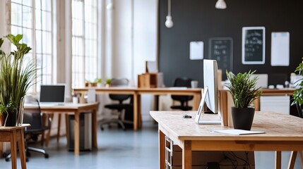 Obraz premium Minimalist Contemporary Office Space with Wooden Furniture and Plants