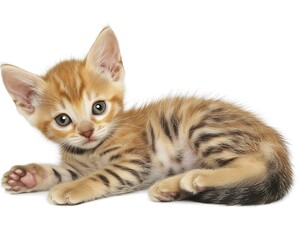 Obraz premium A Small Orange Striped Kitten Lying Down On A White Surface