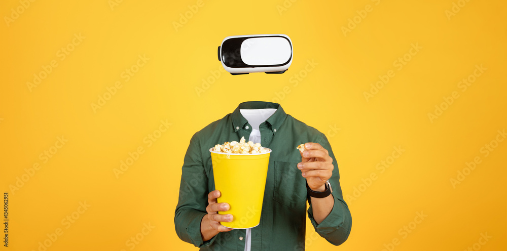 Aufkleber User enjoys an interactive virtual reality experience while holding a large container of popcorn. The bright yellow background enhances the modern, tech-savvy atmosphere.