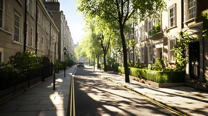 Lined City Street With Row Houses Trees And Sunlight Creating Shadows On The Pavement