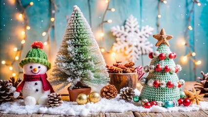 Fototapeta premium Cozy Christmas scene with cute pines, bright green background, merry snowflakes, and festive holly accents