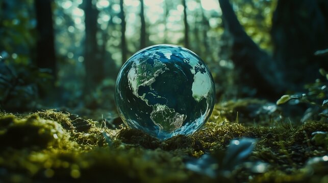 gr&uuml;ne Weltkugel, umgeben von Moos, symbolisiert Nachhaltigkeit und die Sch&ouml;nheit der Natur im Einklang mit der Umwelt