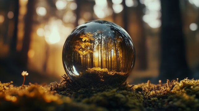 Wald &Ouml;kologie: Glaskugel mit B&auml;umen im Sonnenuntergang symbolisiert abgeschlossenes &Ouml;kosystem, Nachhaltigkeit