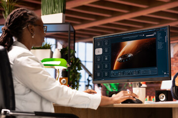 Woman at home using generative artificial intelligence website generating videos using diffusion models. Person in apartment office using AI virtual assistant producing clips