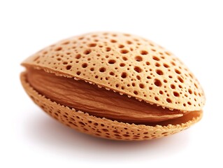 A close up image shows a single nut opened