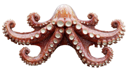 Detailed studio shot of a vibrant red octopus with curled tentacles on a transparent background Concept of marine biology, sea life, and underwater creatures